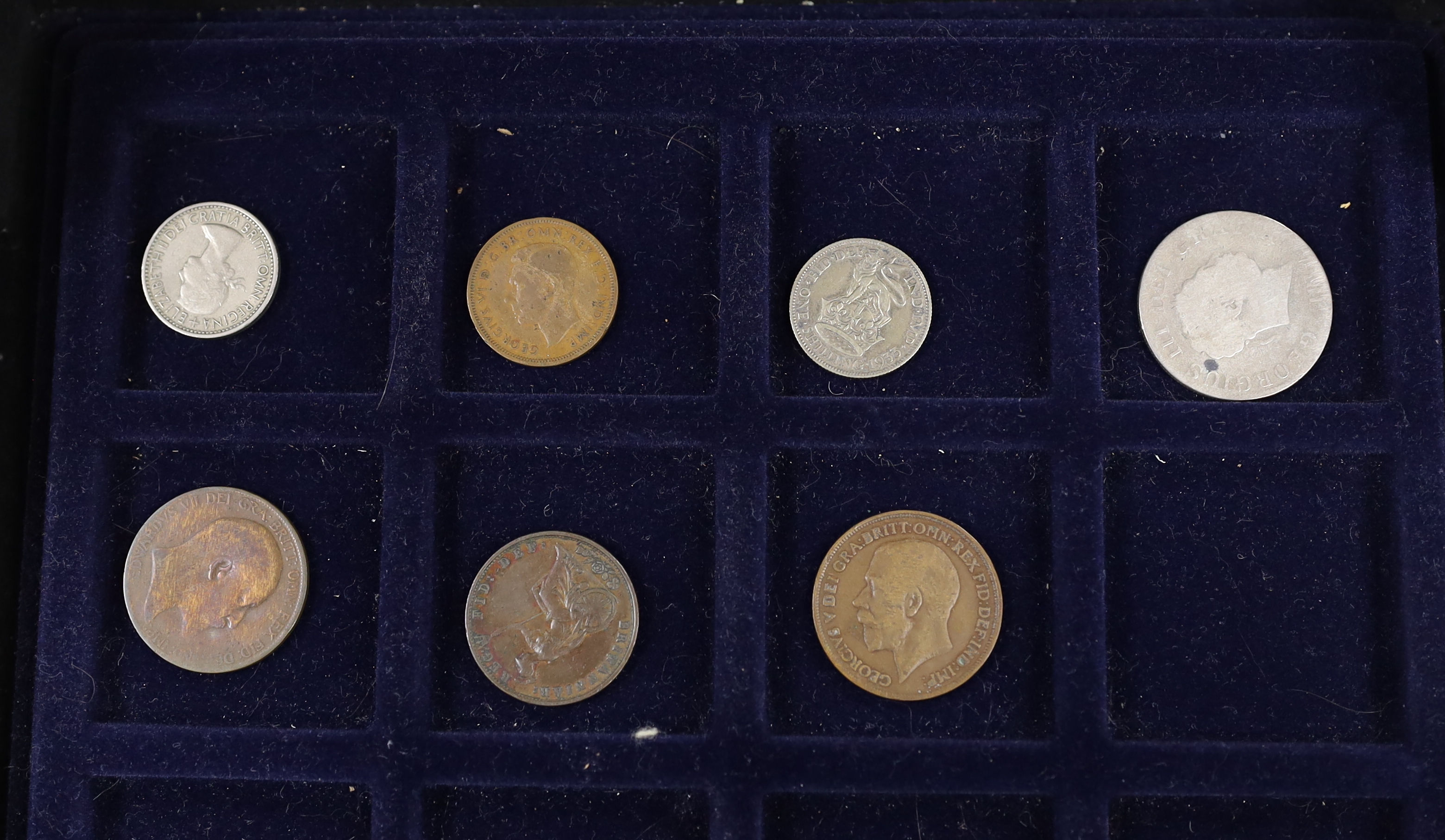 British and Spanish coins and banknotes, George III to QEII collection of coins, in metal case with trays